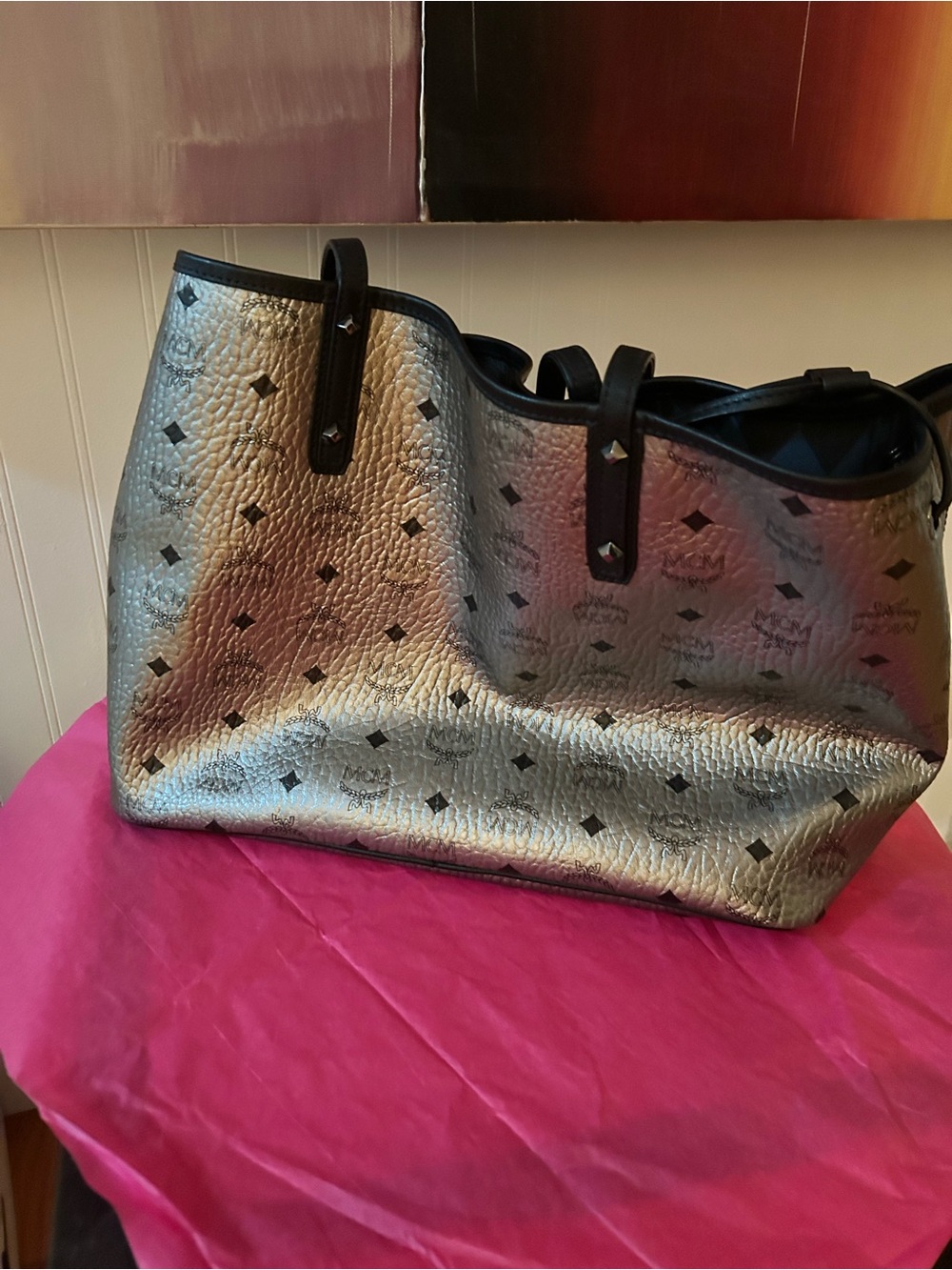MCM Metallic Silver Tote with Black Trim - Picture 2 of 7